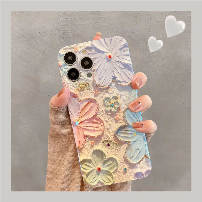 Fashion Flowers Glitter Laser Phone Case For iPhone