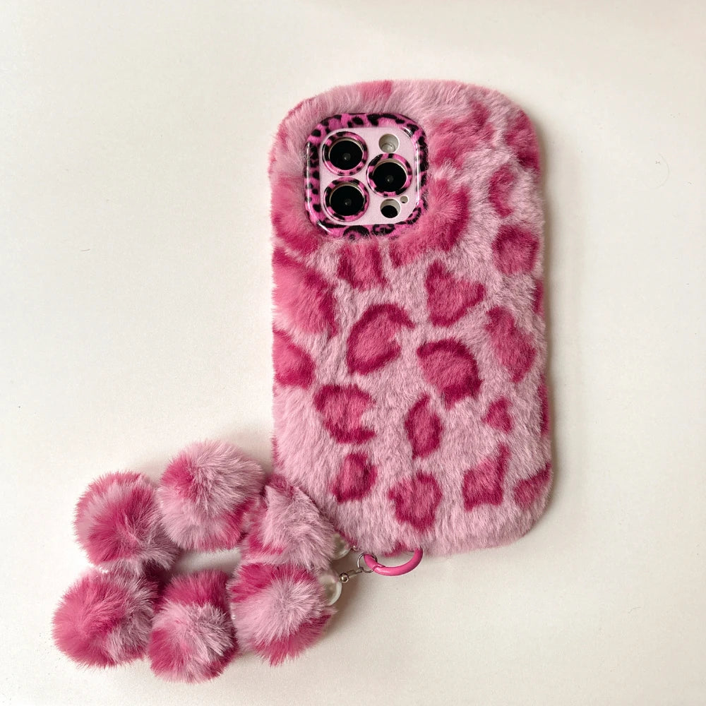 Fashion Plush Leopard Print With Bracelet Phone Case For iPhone