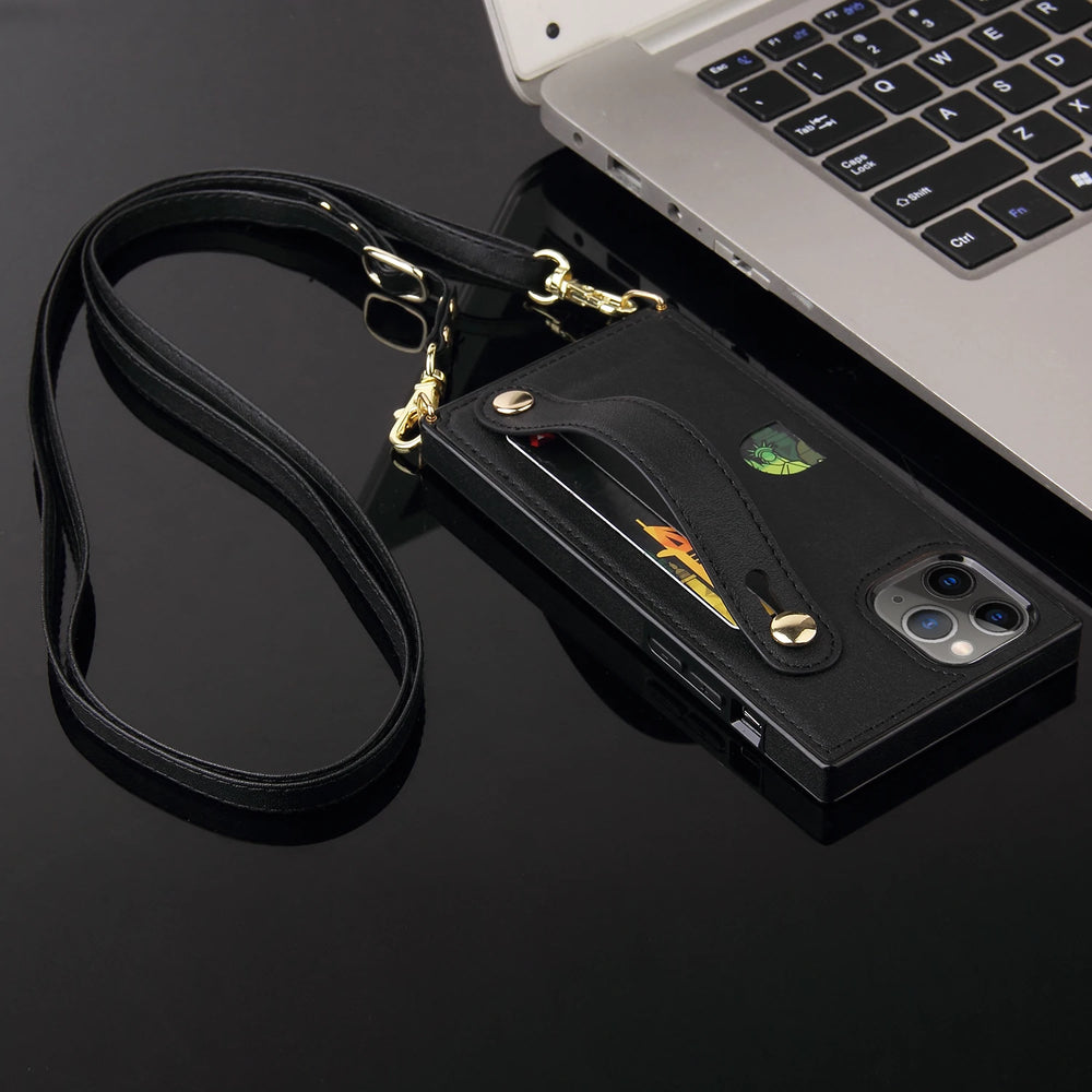 Leather Crossbody Wallet With Rope Lanyard Case for iPhone