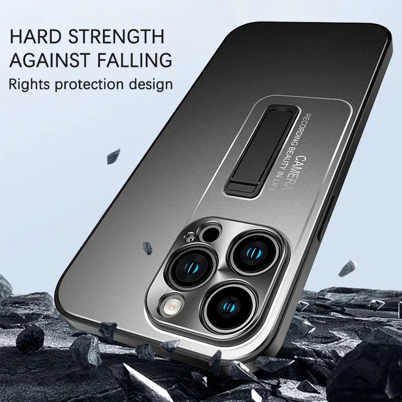 Hidden Stand Lens Protector Metal Case For IPhone