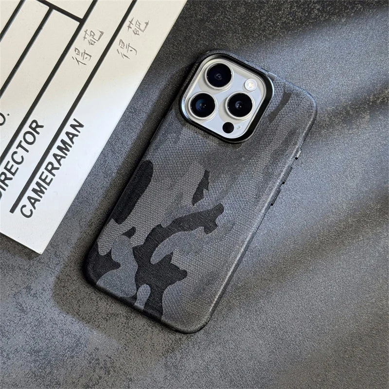 Camouflage Leather Magnetic Wireless charging Case for iPhone