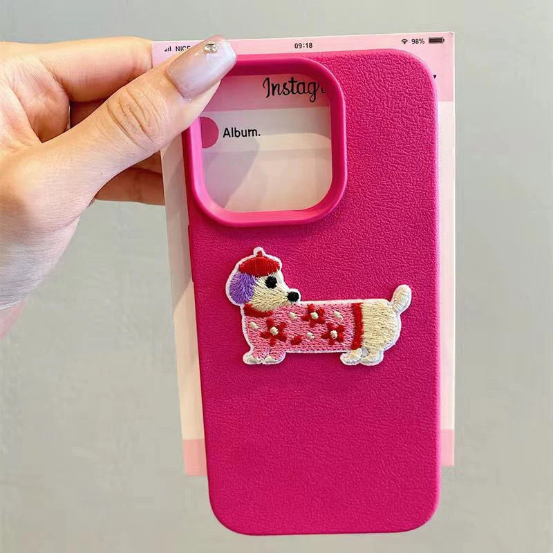 Cute 3D Cartoon Embroidery Dog Phone Case For iPhone