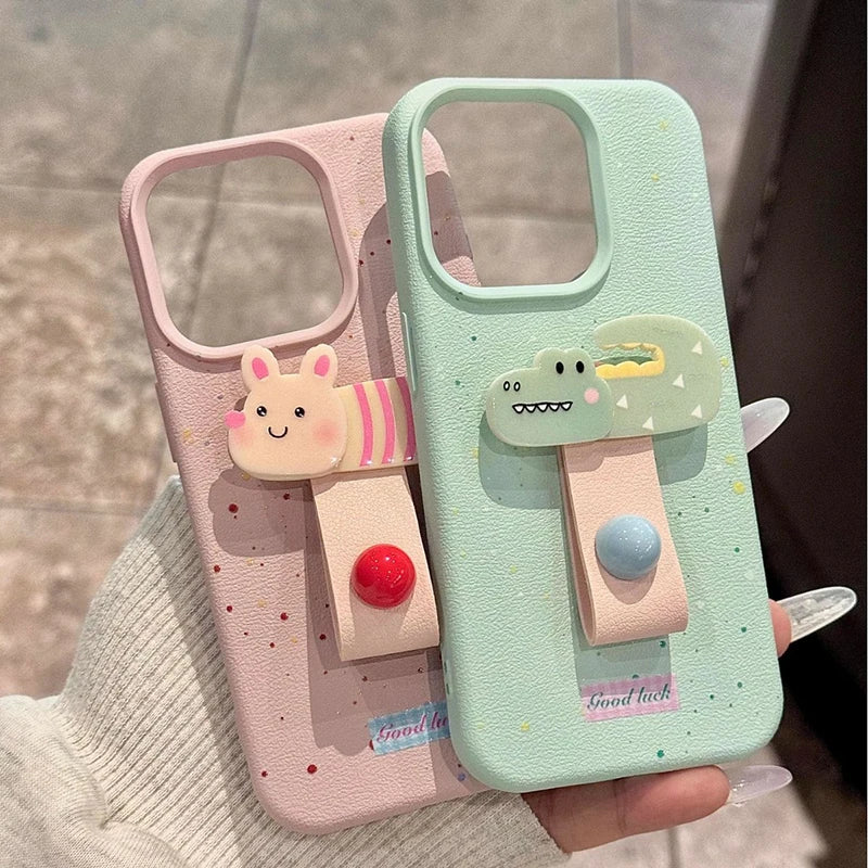 Cute 3D Dog Cat Rabbit Finger Ring Support Phone Case For iPhone