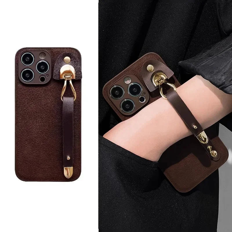 Leather Pattern Wrist Strap Case For iPhone