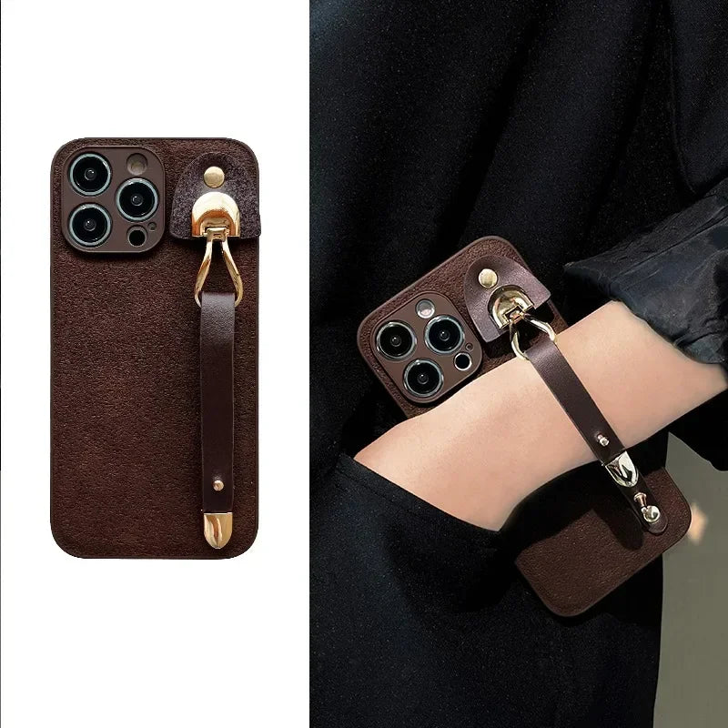 Leather Pattern Wrist Strap Case For iPhone