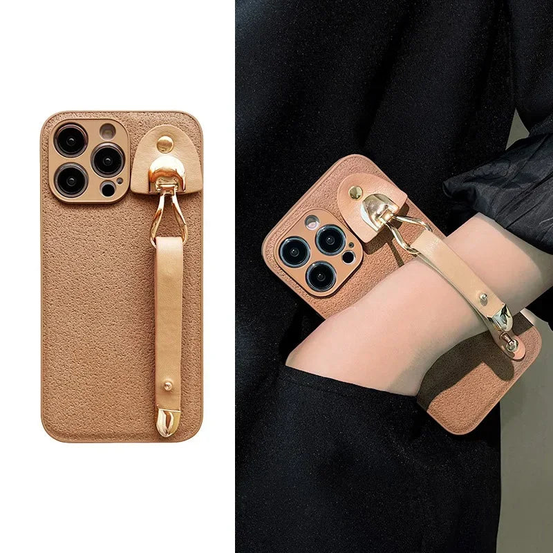 Leather Pattern Wrist Strap Case For iPhone