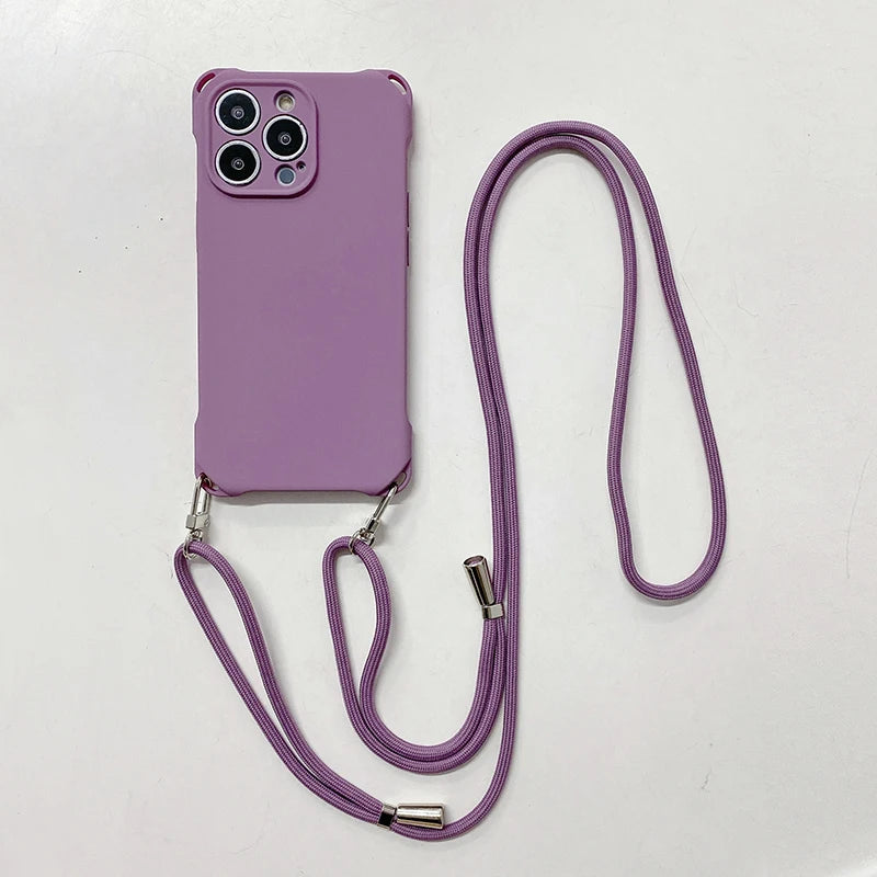 Solid Color Silicone Four Corner Protective Phone Case With Lanyard Strap For iPhone