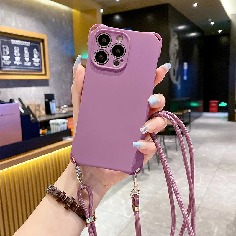 Solid Color Silicone Four Corner Protective Phone Case With Lanyard Strap For iPhone