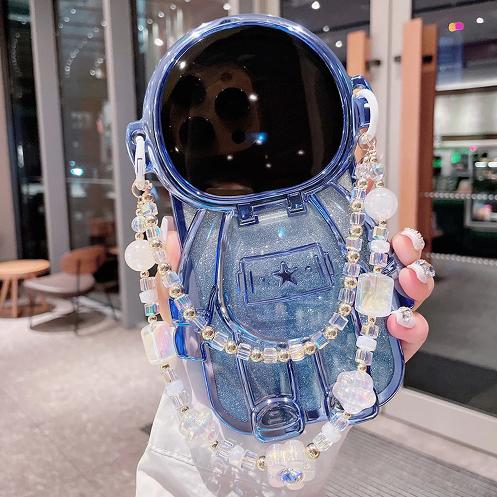 Luxury 3D Astronaut Lens Makeup Mirror Bracket Strap Phone Case For iPhone