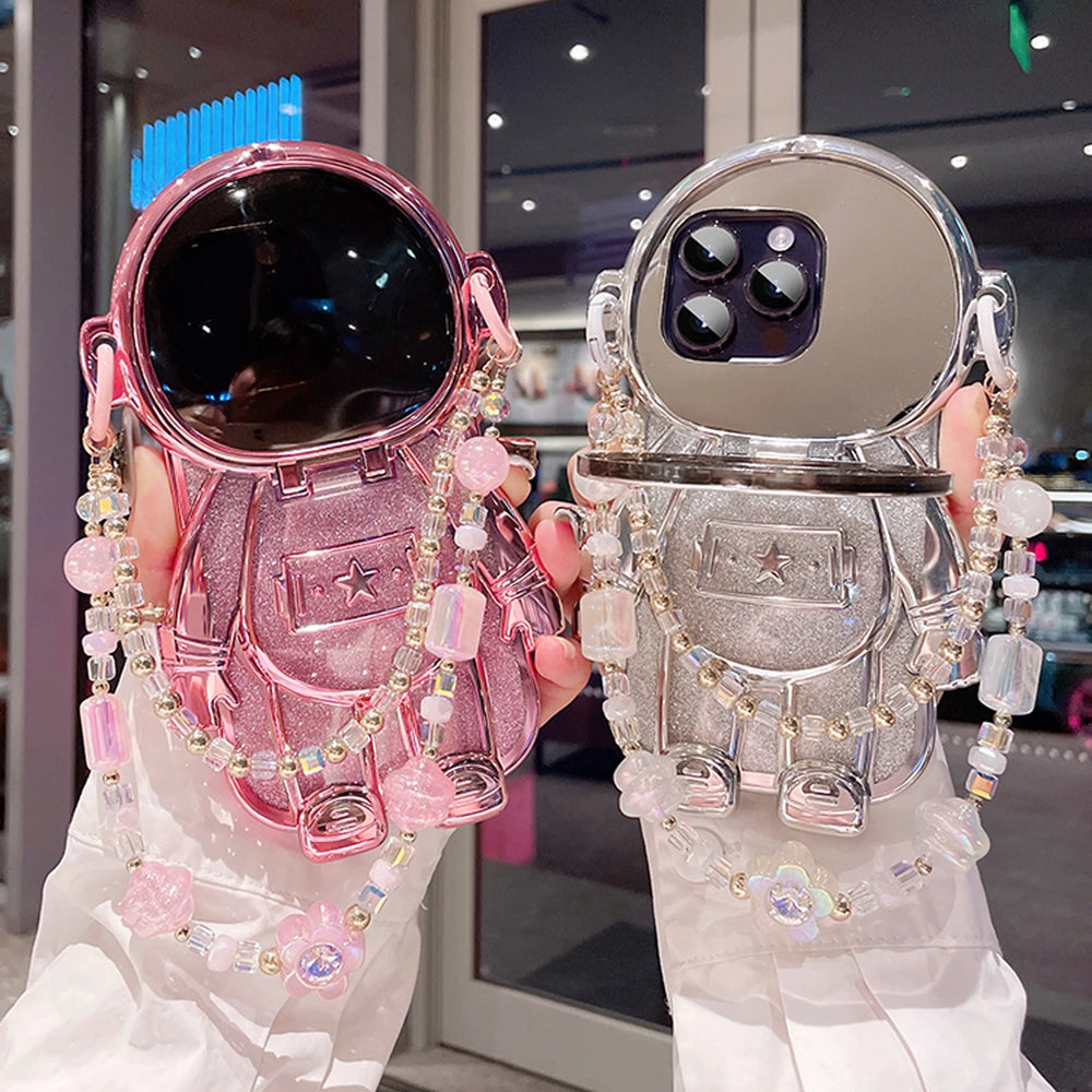 Luxury 3D Astronaut Lens Makeup Mirror Bracket Strap Phone Case For iPhone