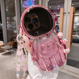 Luxury 3D Astronaut Lens Makeup Mirror Bracket Strap Phone Case For iPhone