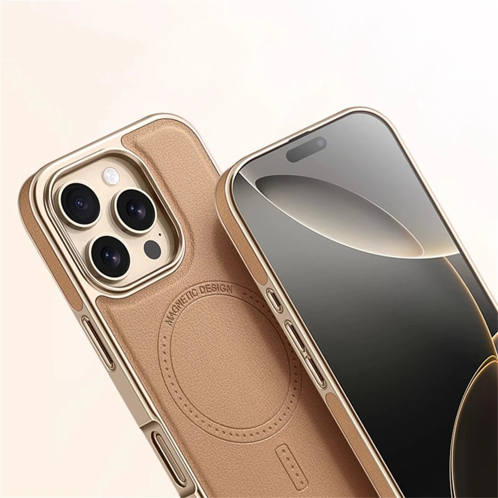 Luxury Plating Frame Leather Magnetic Case For iPhone