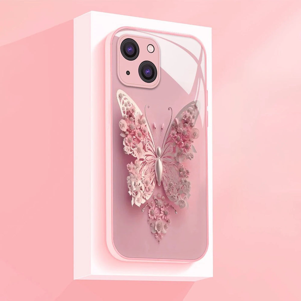 Luxury Butterfly Metallic Lacquer Glass Phone Case For iPhone