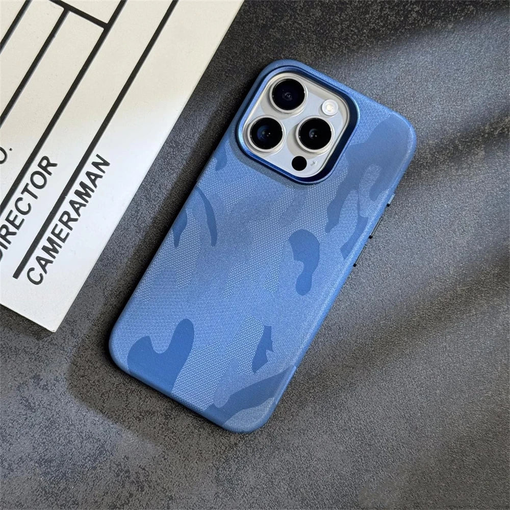 Luxury Camouflage Leather Shockproof  Magnetic MagSafe Wireless Charge Case For iPhone