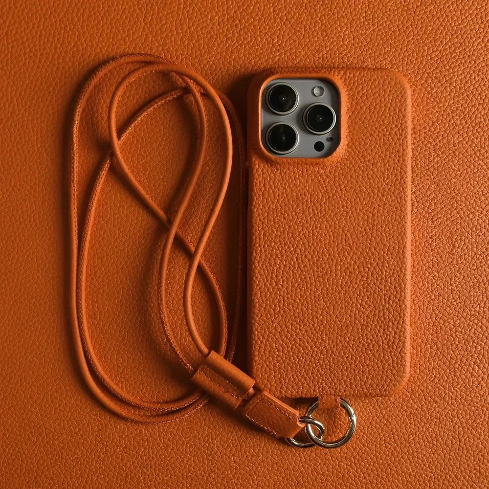 Cowhide Genuine Crossbody Lanyard Leather Case For iPhone