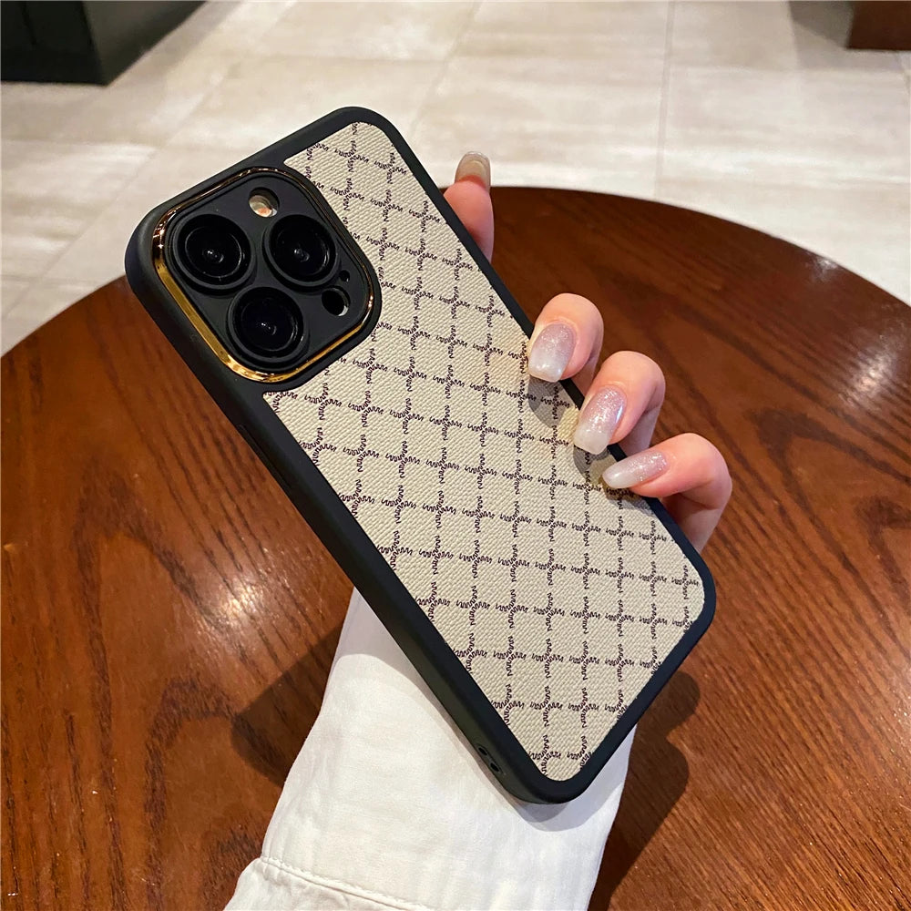 Luxury Soft Leather Fashion Geometric Plaid Pattern Case for iPhone