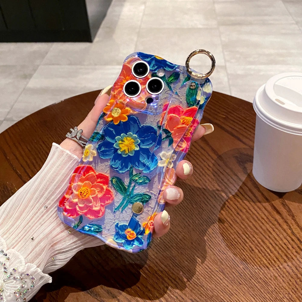 Luxury Flowers Wrist Strap Phone Case For iPhone