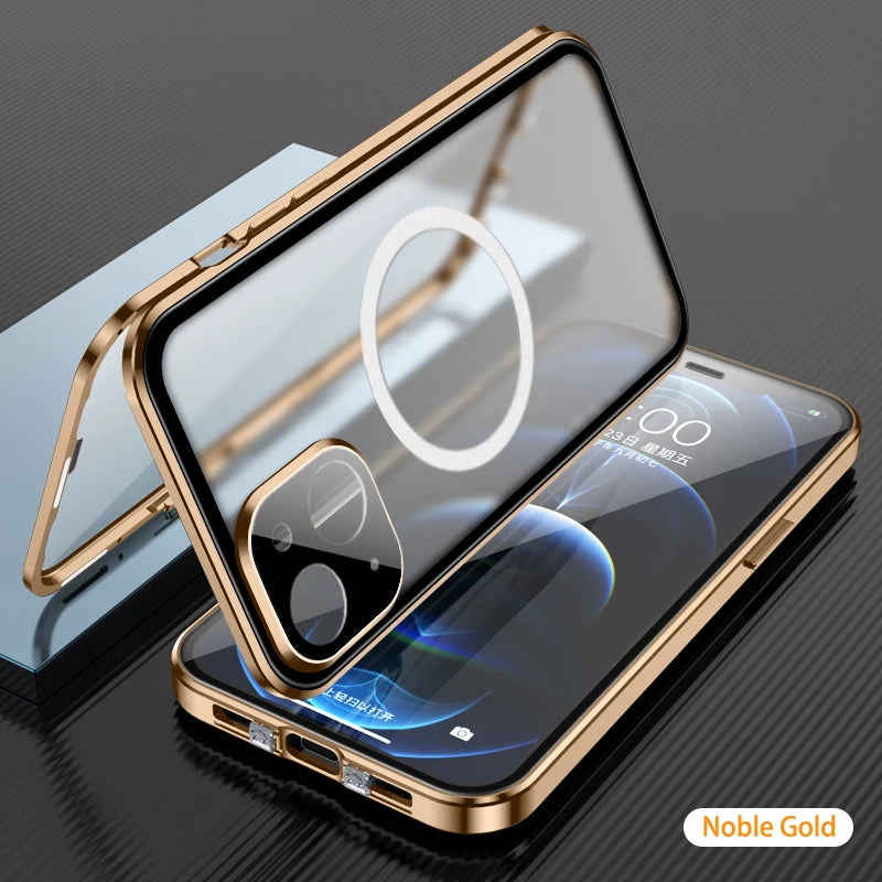 Magnetic Glass 360°  Full screen closed Metal Case For iPhone