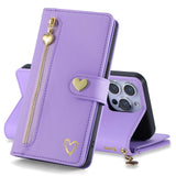 Luxury Heart-Shaped Zipper Flap Wallet Phone Case for iPhone