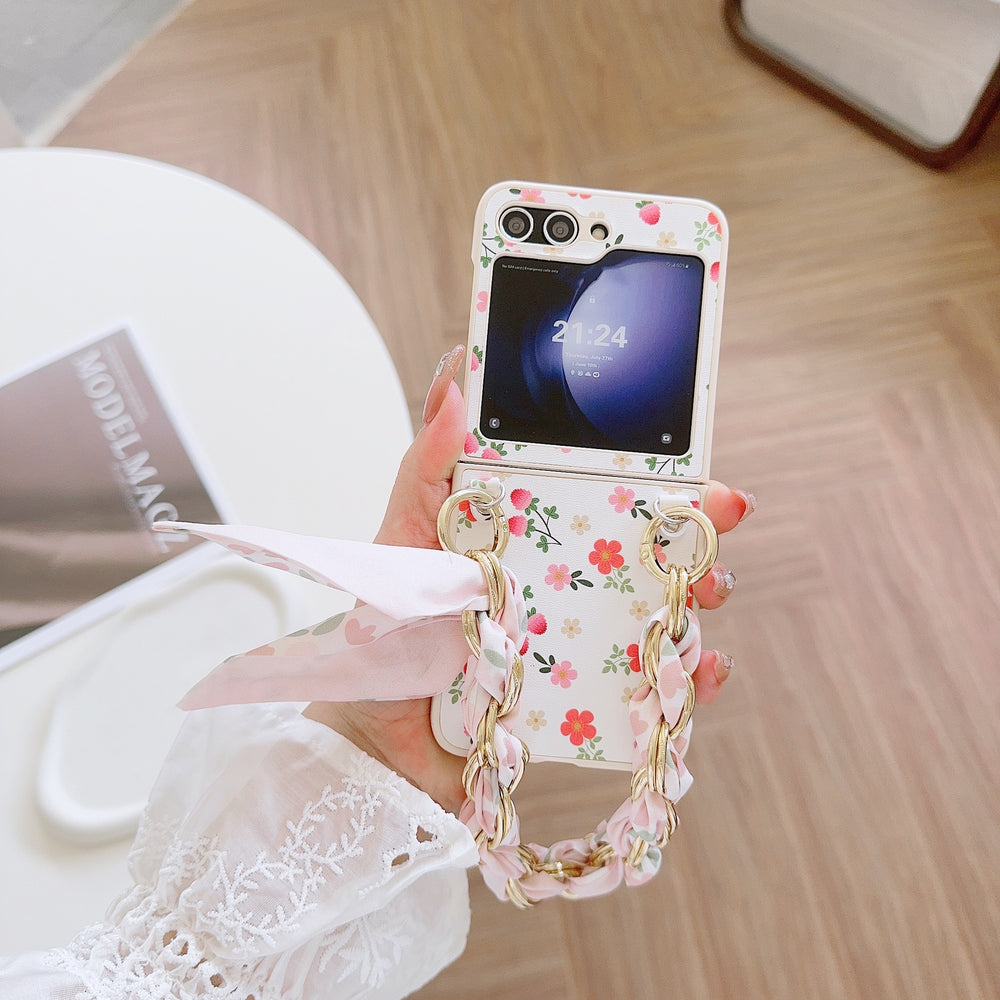 Pastoral Style Small Flower Silk Hand Strap Case For Samsung