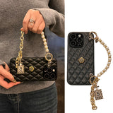 Leather Quilted Camellia with Pearl Bracelet Phone Case for iPhone