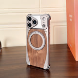 Walnut Wood Frameless Magnetic Case with Metal Rotating Stand for iPhone