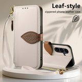 Leaf-Designed Leather Flip Cover Card Slot Lanyard Shockproof Case For Samsung