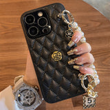 Leather Quilted Camellia with Pearl Bracelet Phone Case for iPhone