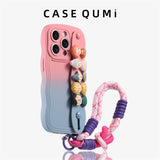 Cute Doll Wrist Strap Two-tone Gradient Silicone Case for iPhone