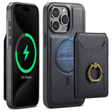 Magnetic Charging Wallet Case with Ring Kickstand for iPhone