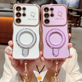 Plating Wave Heart Lanyard Phone Case For Samsung