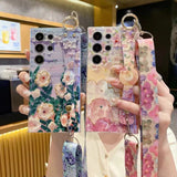 Rhinestone Oil Painting Flower Phone Case with Wristband for Samsung