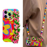Floral Woven Wrist Strap Building Block Lanyard Soft Case for iPhone