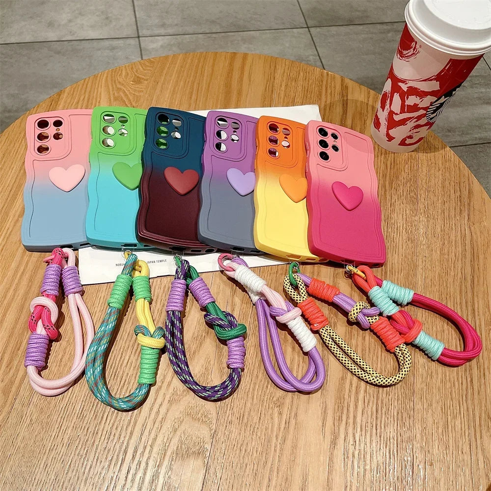 Fashion Gradient Heart Wave Lanyard Case For Samsung