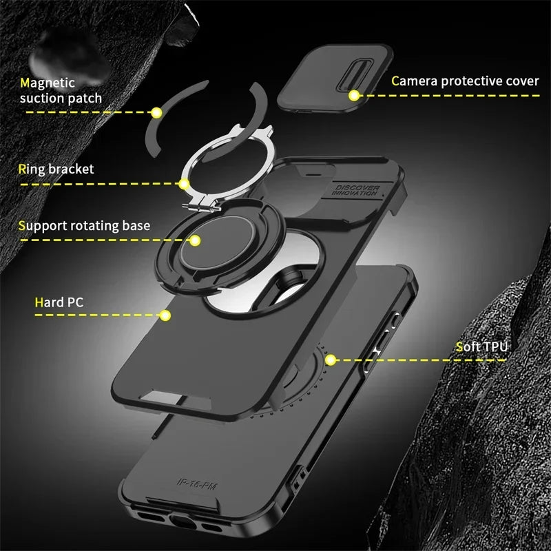 Luxury Armor Magnetic Bracket Slide Camera Protection Case for iPhone