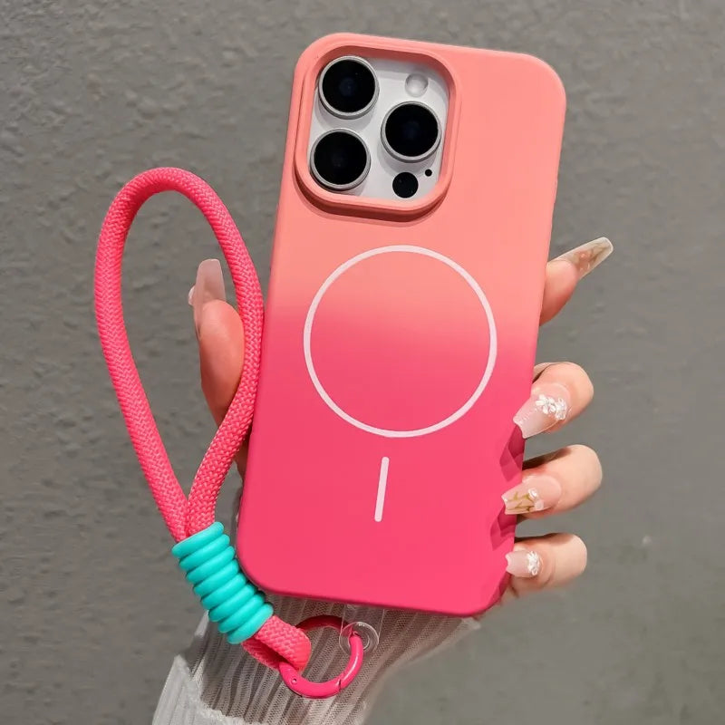 Liquid Silicone Gradient Colorful Hand Strap Magnetic Case for iPhone
