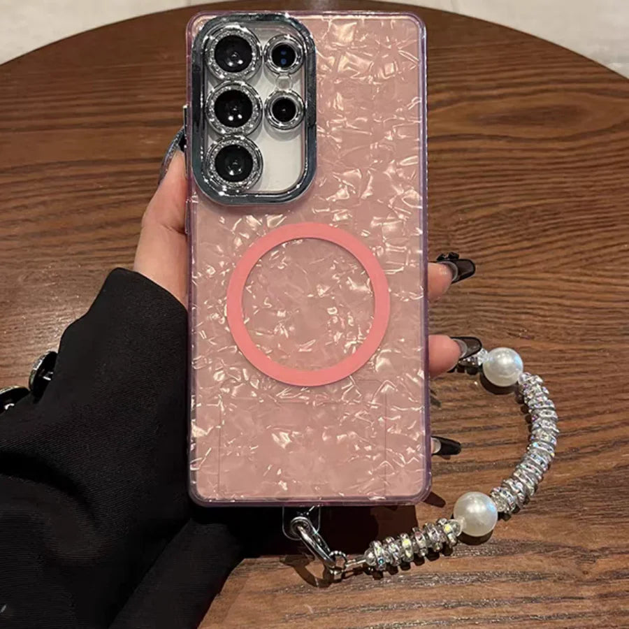 Aurora Shell Pattern Lanyard Magnetic Glitter Case For Samsung