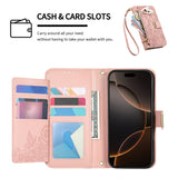 Floral Design Leather Zipper Crossbody Flip Wallet Card Slot Phone Case for IPhone