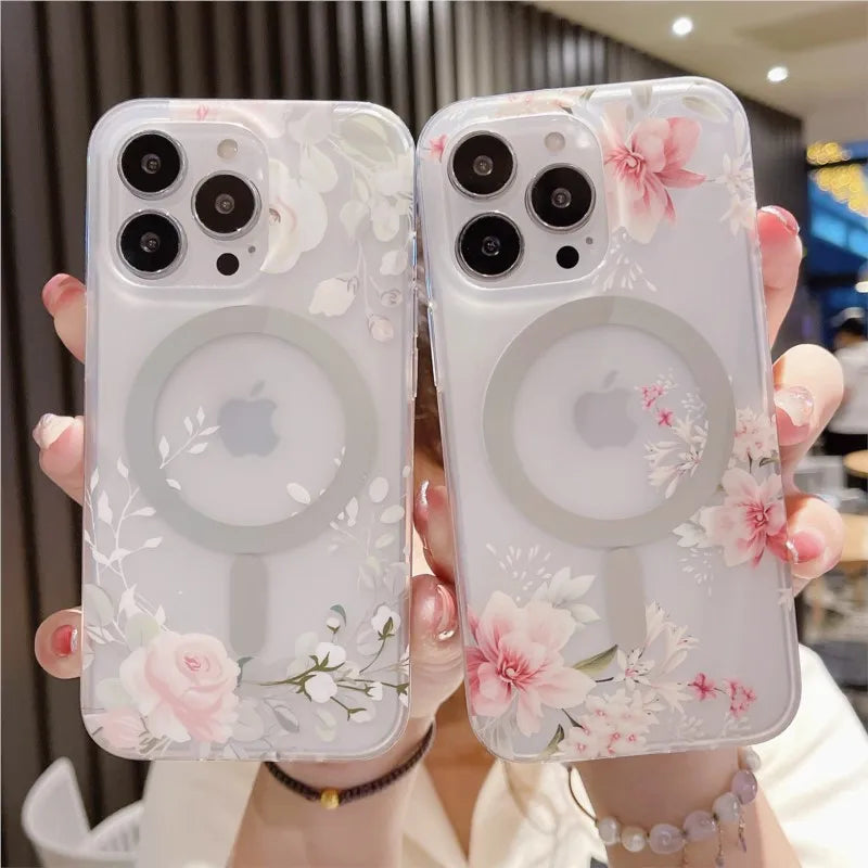 Flower Pattern Matte Transparent Magnetic Case For iPhone