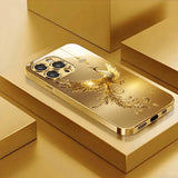 Diamond Golden Phoenix Pattern Gold Metallic Paint Glass Case For iPhone