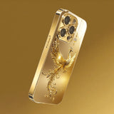 Diamond Golden Phoenix Pattern Gold Metallic Paint Glass Case For iPhone
