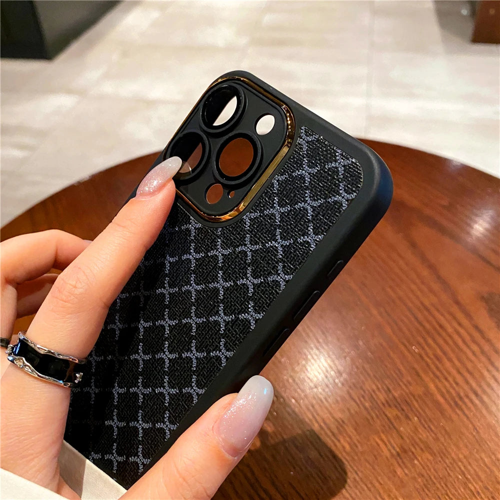 Luxury Soft Leather Fashion Geometric Plaid Pattern Case for iPhone