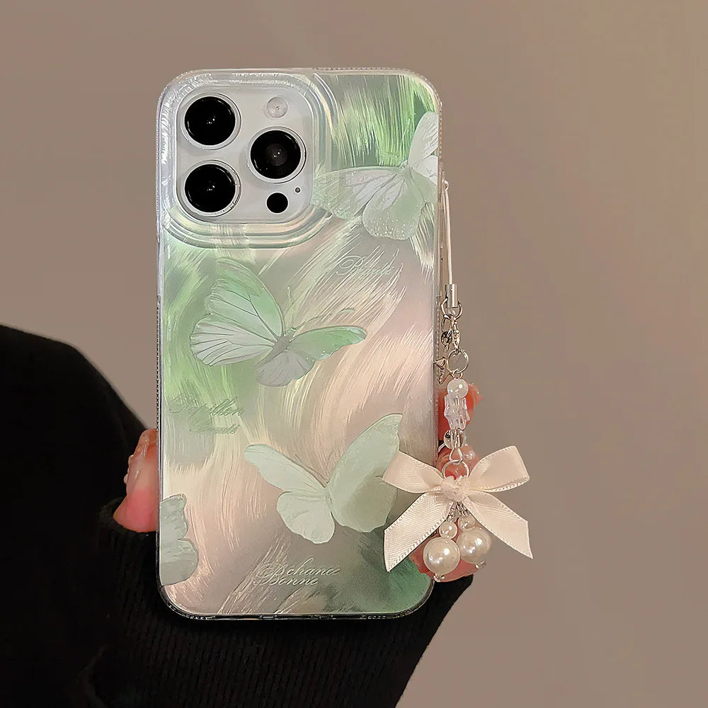 Summer Green Shiny Butterfly Bow Pearl Pendant Phone Case for iPhone