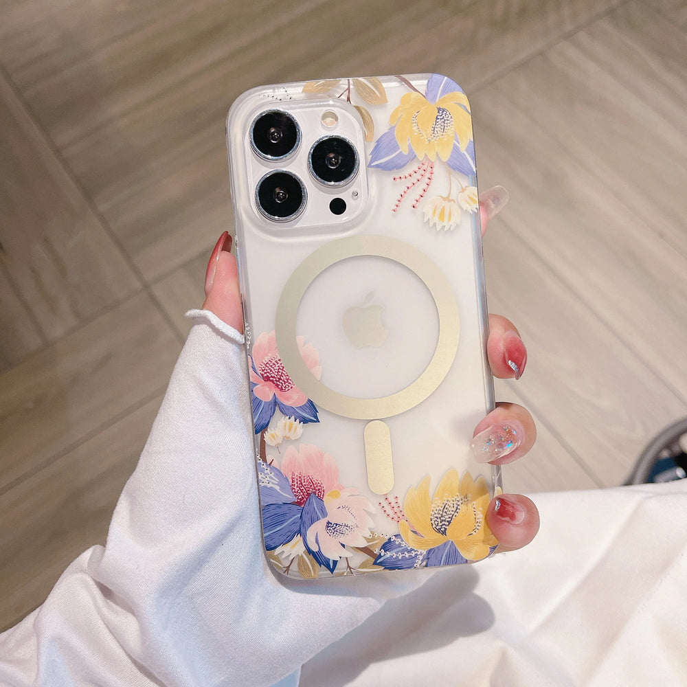 Flower Pattern Matte Transparent Magnetic Case For iPhone