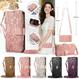 Floral Design Leather Zipper Crossbody Flip Wallet Card Slot Phone Case for IPhone