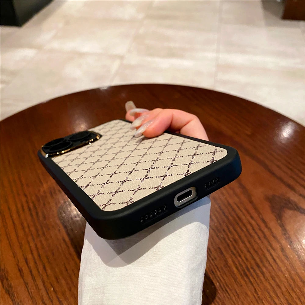 Luxury Soft Leather Fashion Geometric Plaid Pattern Case for iPhone