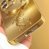Diamond Golden Phoenix Pattern Gold Metallic Paint Glass Case For iPhone