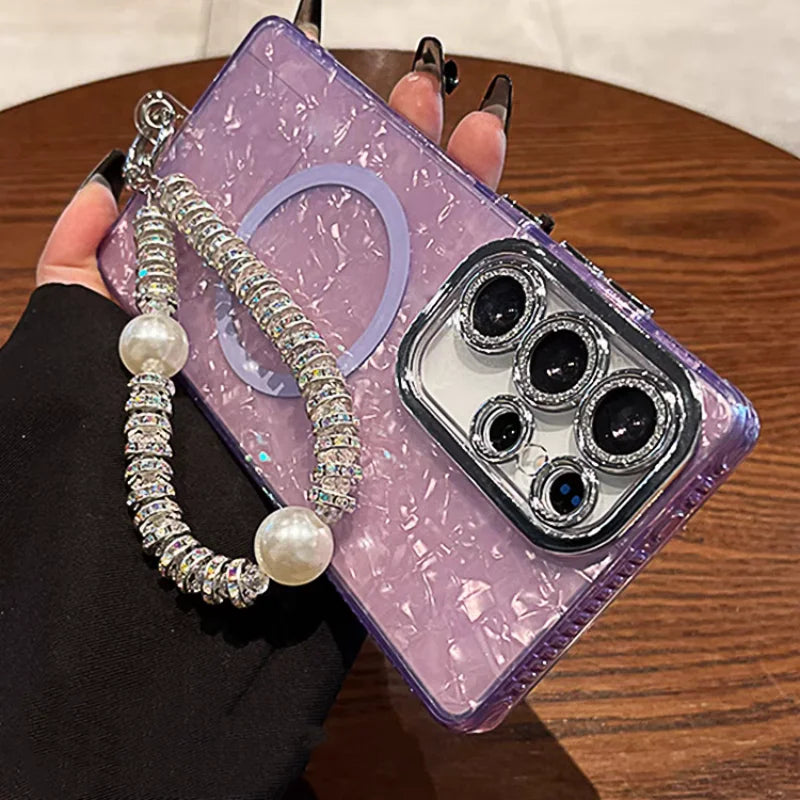Aurora Shell Pattern Lanyard Magnetic Glitter Case For Samsung