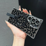 Leopard Print Bracket Plating Magnetic Charging Case for Samsung