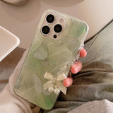 Summer Green Shiny Butterfly Bow Pearl Pendant Phone Case for iPhone